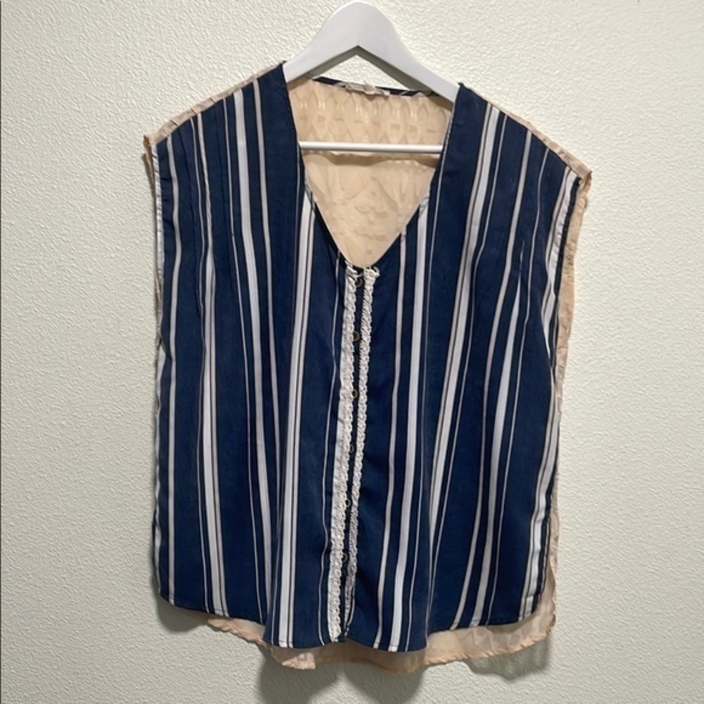 Anthropologie Blue and White Striped V-Neck Sleeveless Tank Top